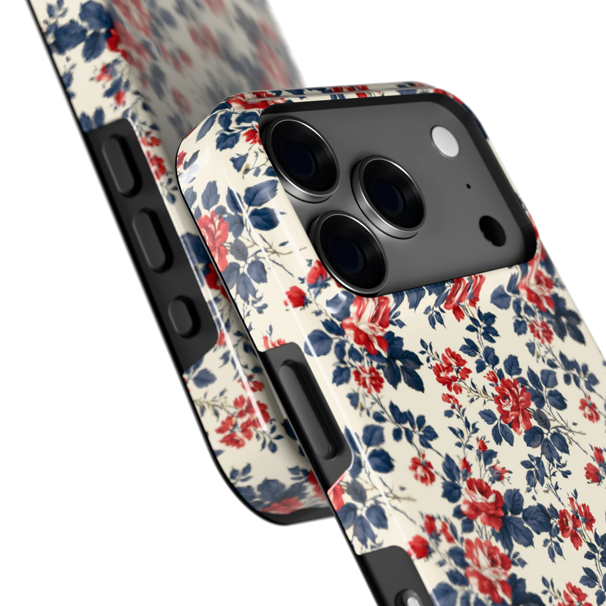 Rode rozen en marineblauw hoesje voor iPhone 18 Pro, close-up