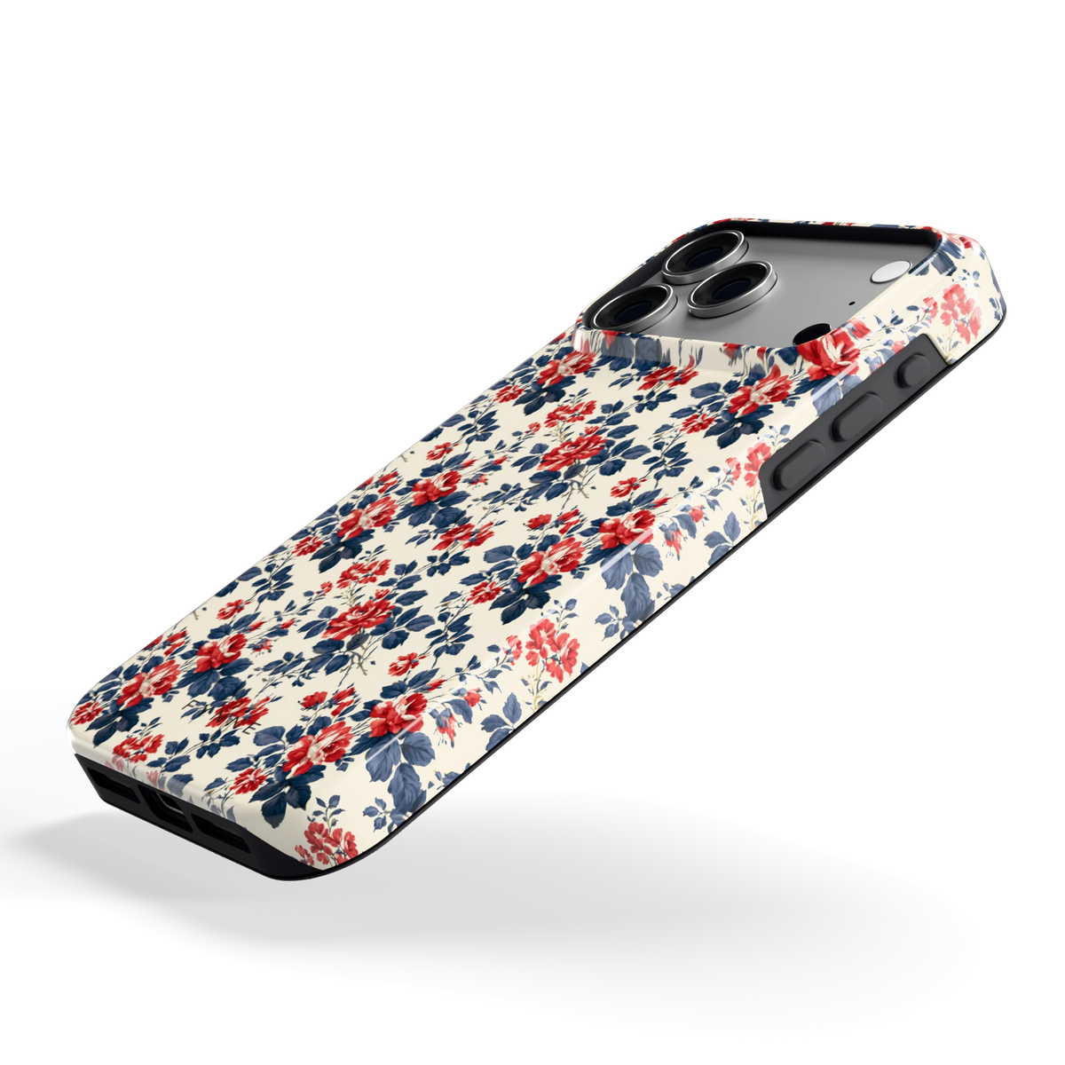 Rode rozen en marineblauw hoesje voor iPhone 18 Pro Max, schuin