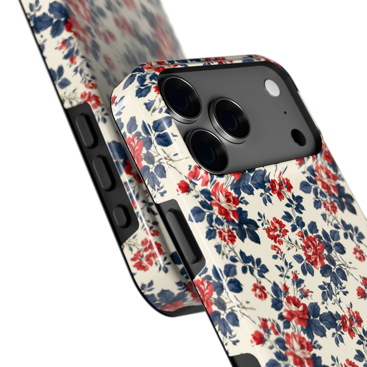 Rode rozen en marineblauw hoesje voor iPhone 18 Pro Max, close-up