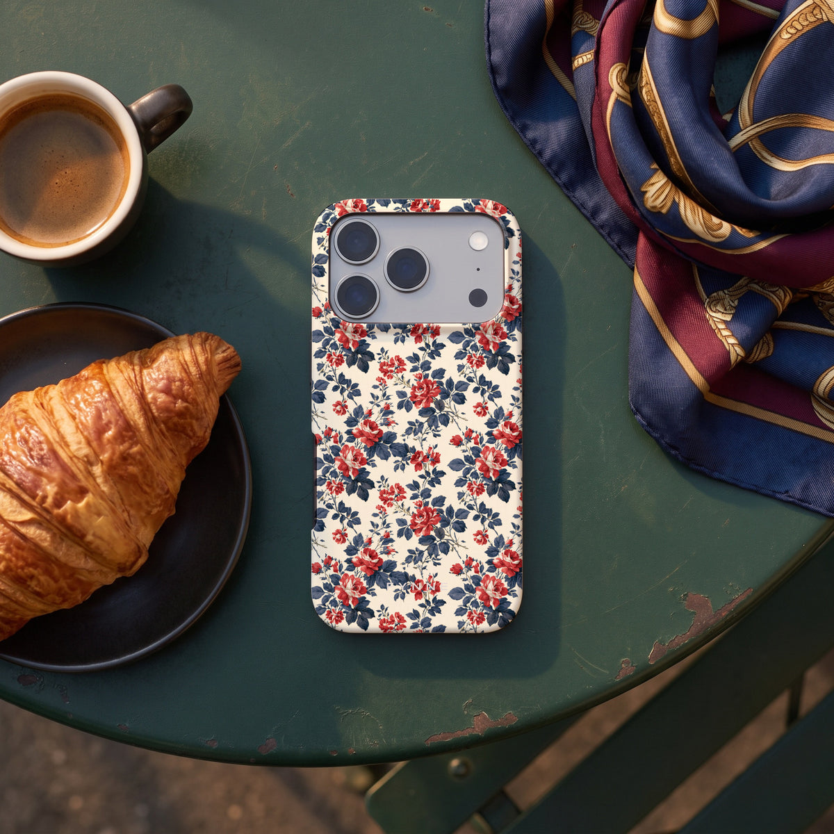 Rode rozen en marineblauw hoesje op een iPhone 17 Pro, uit The Parisian Chic Collection