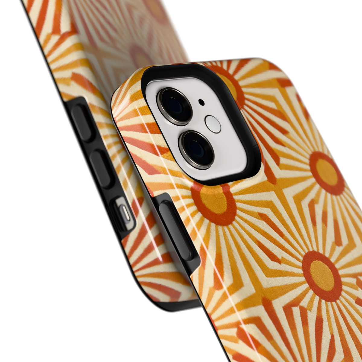 Retro Zonnestralen hoesje voor iPhone 12, close-up