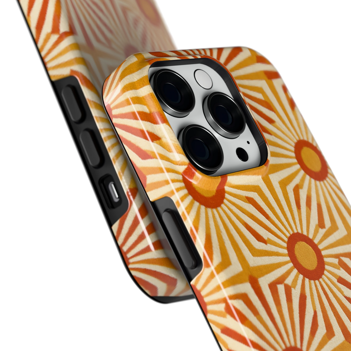 Retro Zonnestralen hoesje voor iPhone 14 Pro, close-up