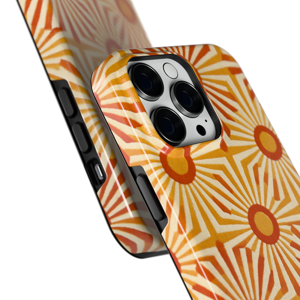 Retro Zonnestralen hoesje voor iPhone 14 Pro Max, close-up