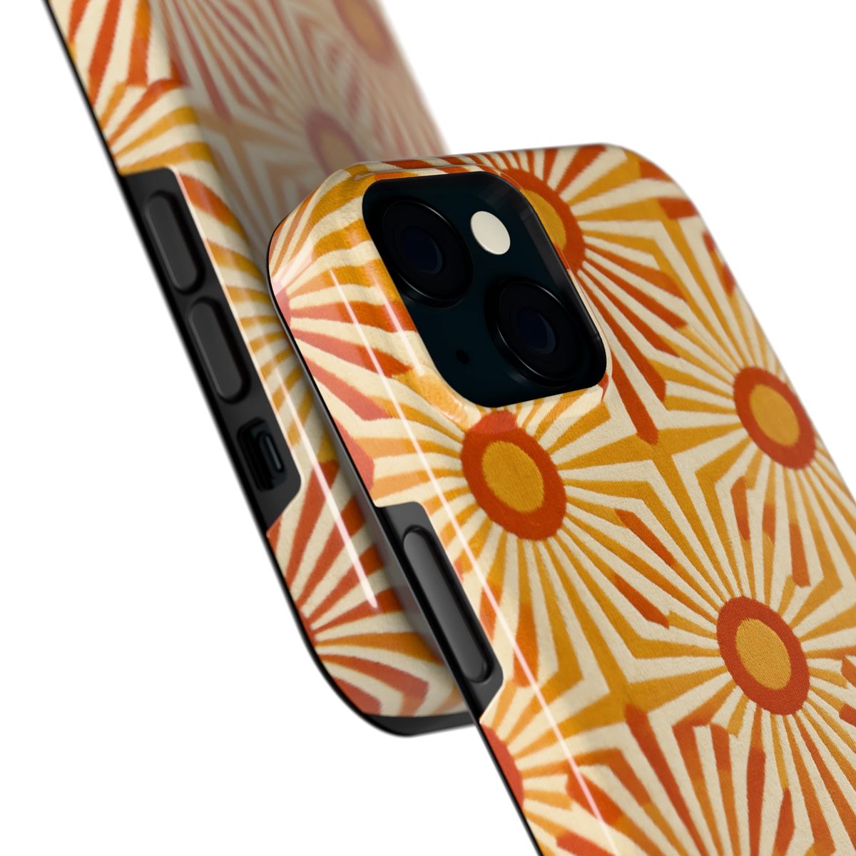 Retro Zonnestralen hoesje voor iPhone 15, close-up