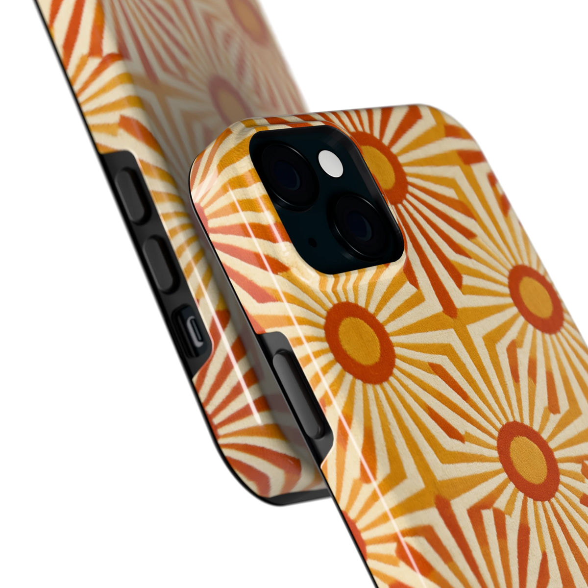 Retro Zonnestralen hoesje voor iPhone 15 Plus, close-up