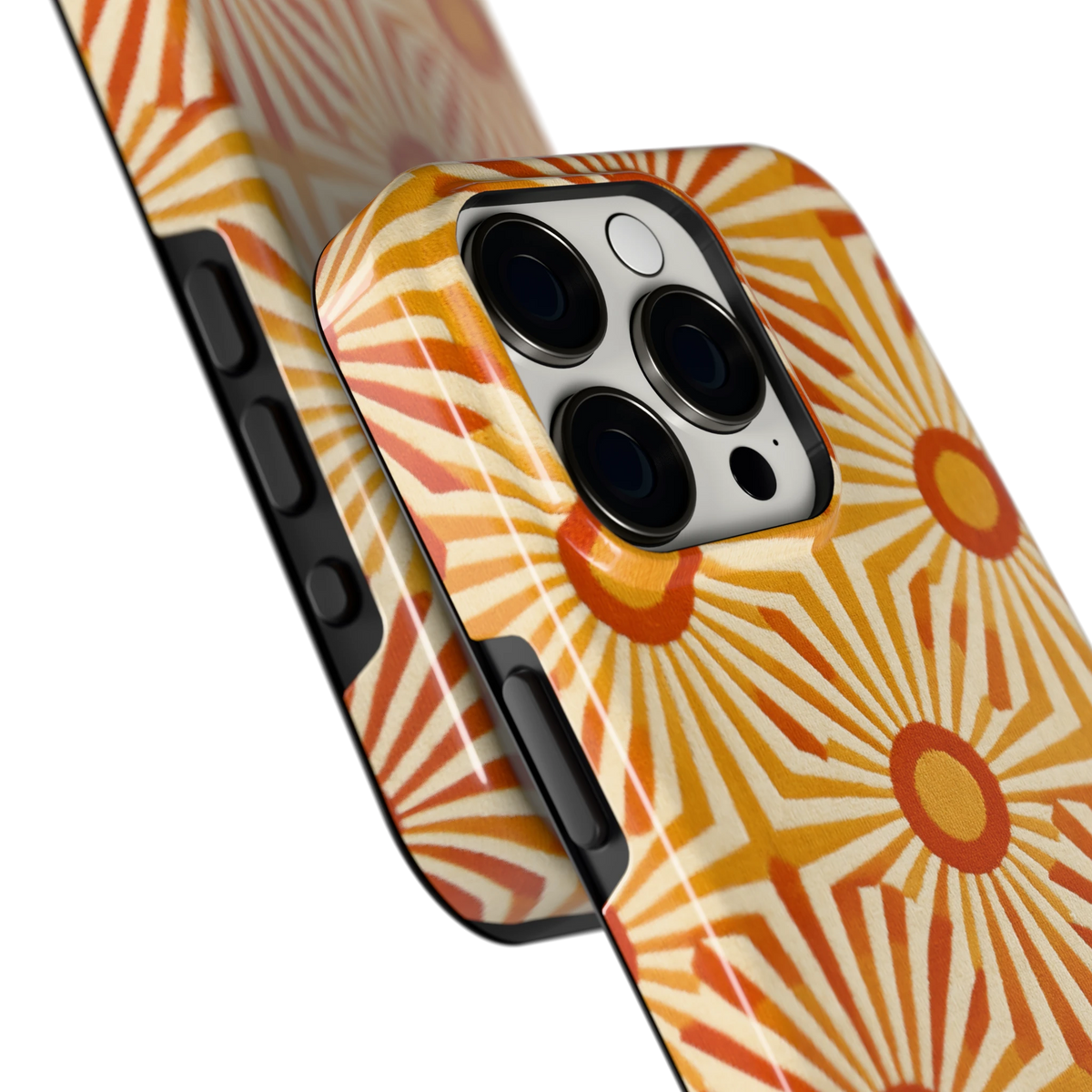 Retro Zonnestralen hoesje voor iPhone 15 Pro, close-up