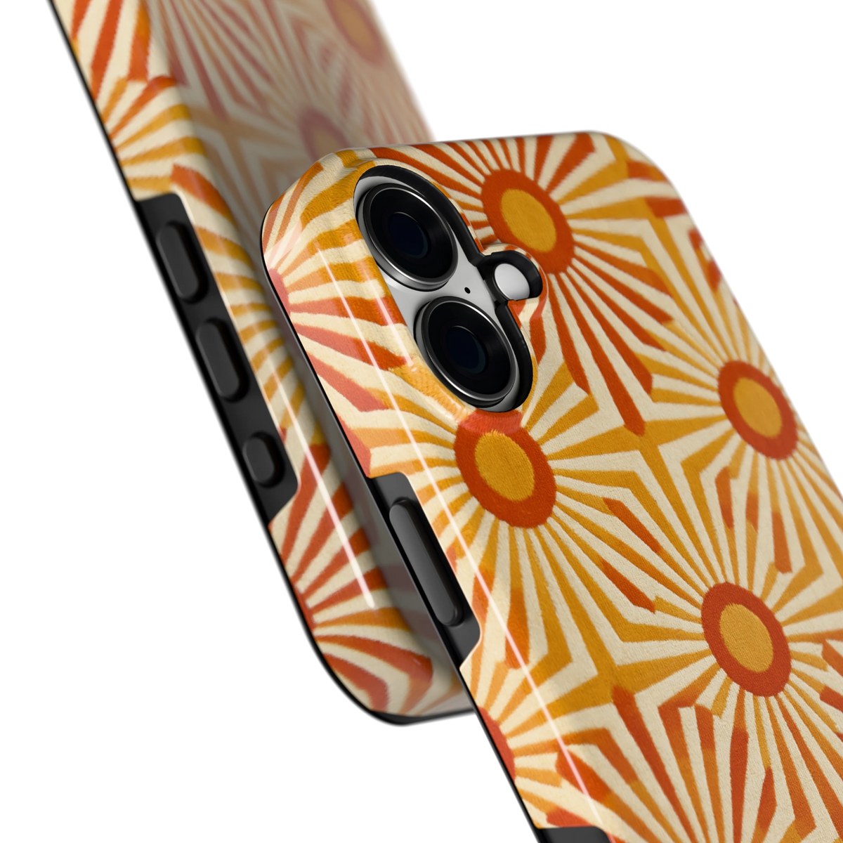 Retro Zonnestralen hoesje voor iPhone 16 Plus, close-up
