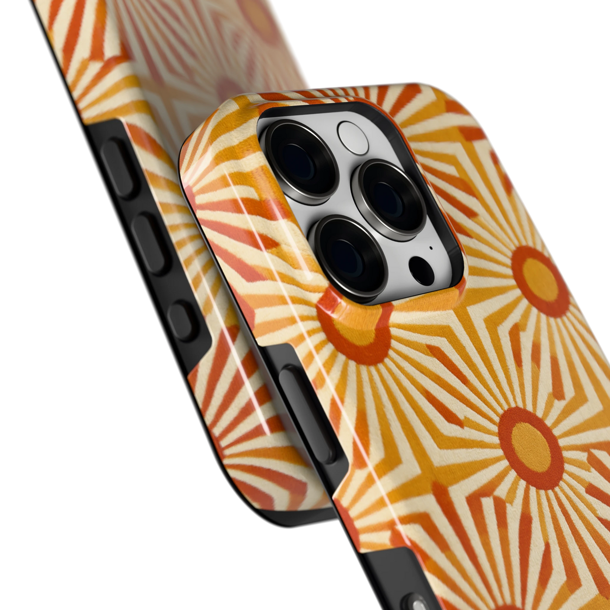 Retro Zonnestralen hoesje voor iPhone 16 Pro, close-up