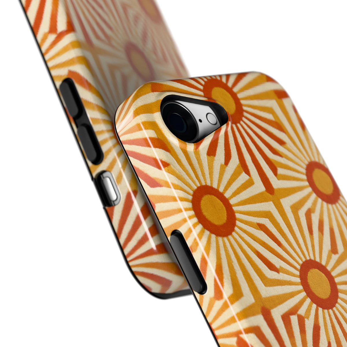 Retro Zonnestralen hoesje voor iPhone 16e, close-up