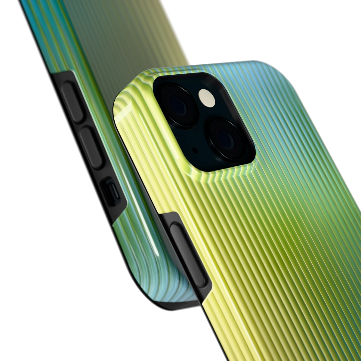 Geribbelde kleurgloed hoesje voor iPhone 15, close-up