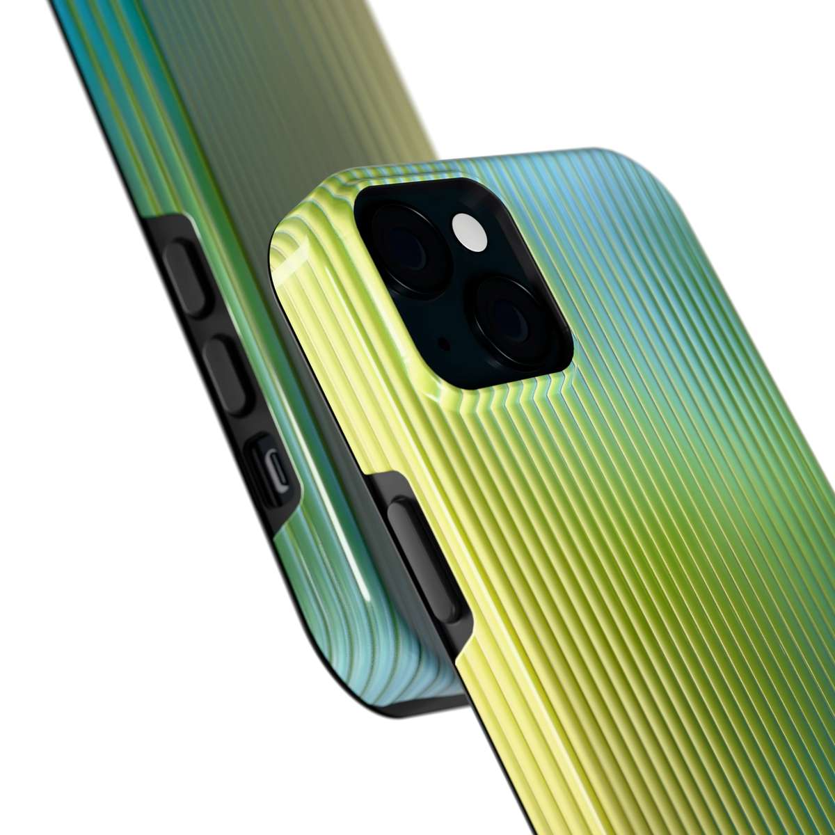 Geribbelde kleurgloed hoesje voor iPhone 15 Plus, close-up