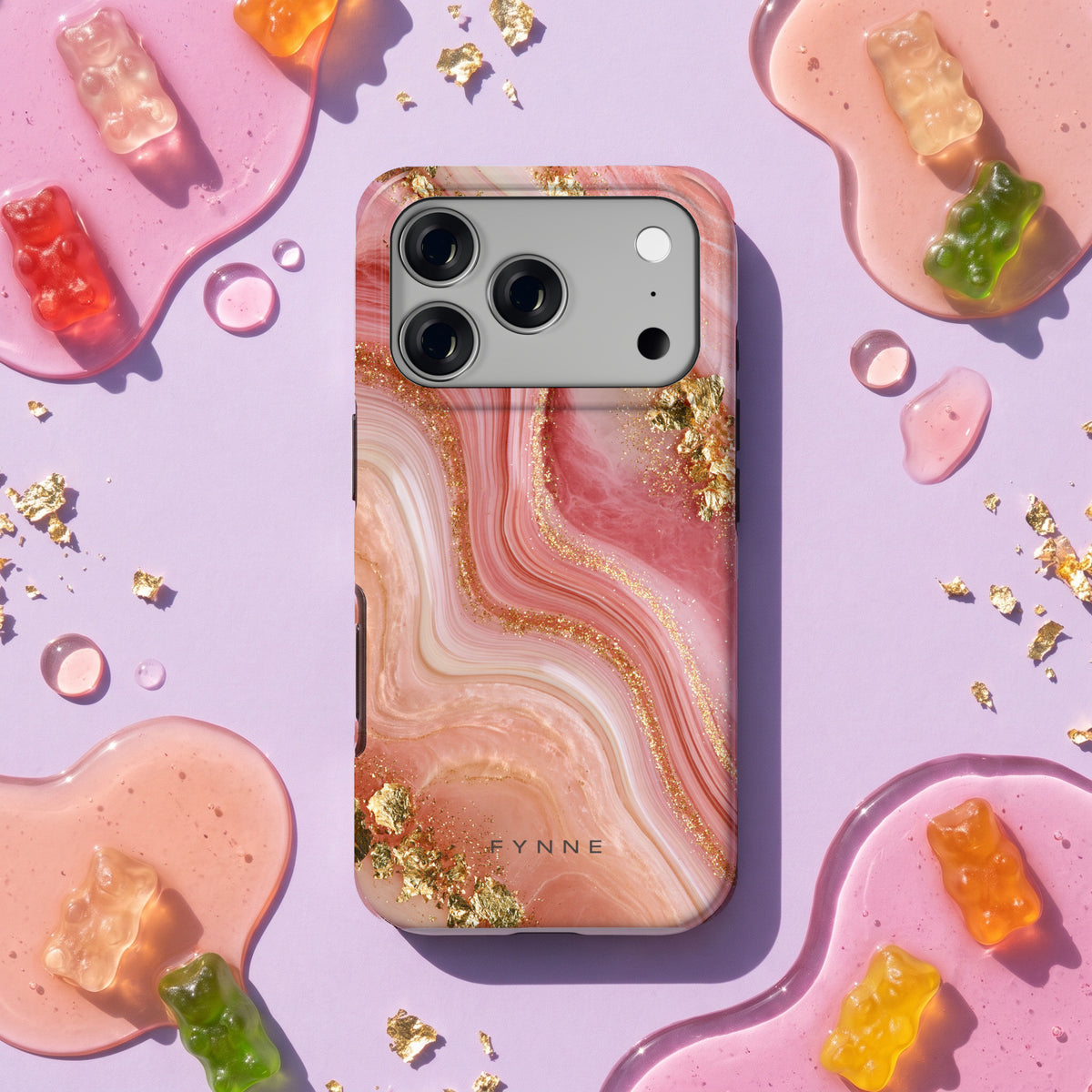 Roségouden Agaat hoesje op een iPhone 17 Pro, uit The Marble Collection