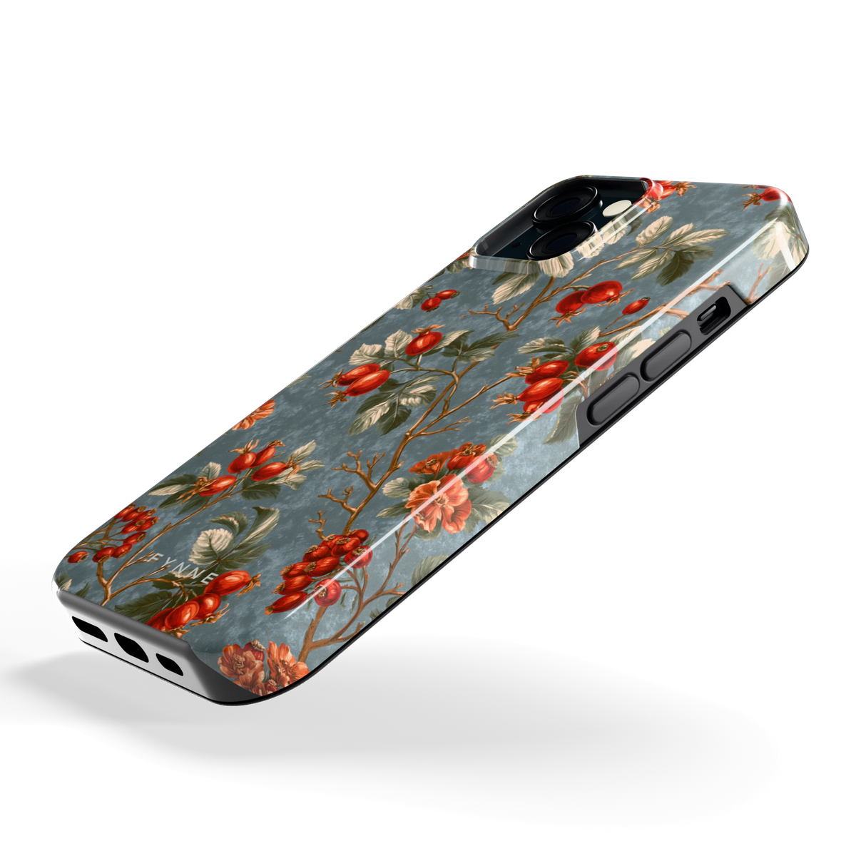 Rozenbottel Takken hoesje voor iPhone 15, schuin