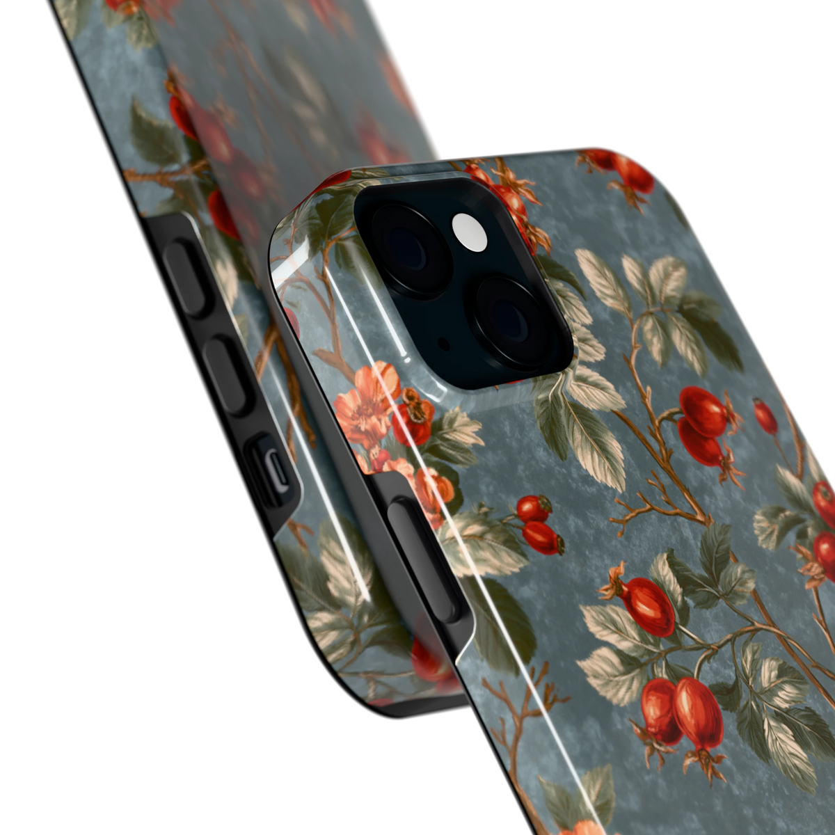 Rozenbottel Takken hoesje voor iPhone 15 Plus, close-up