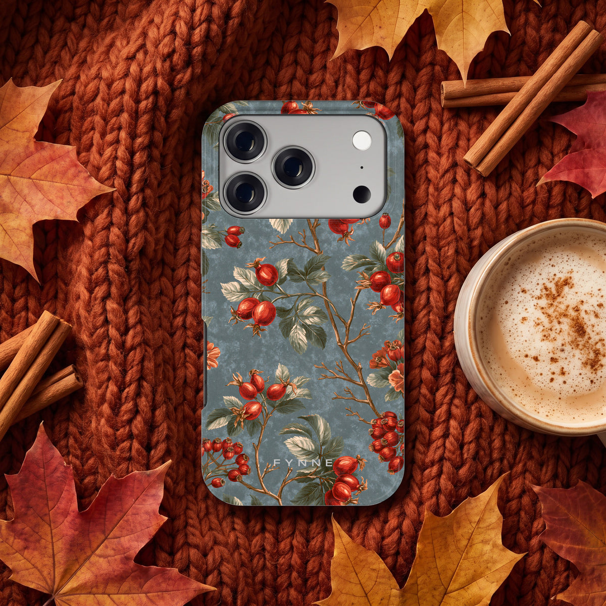 Rozenbottel Takken hoesje op een iPhone 17 Pro, uit The Fall Collection