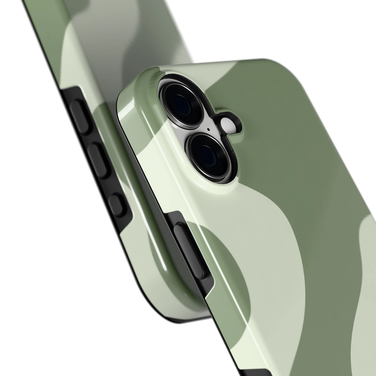 Saliegroene Vlekken hoesje voor iPhone 16 Plus, close-up