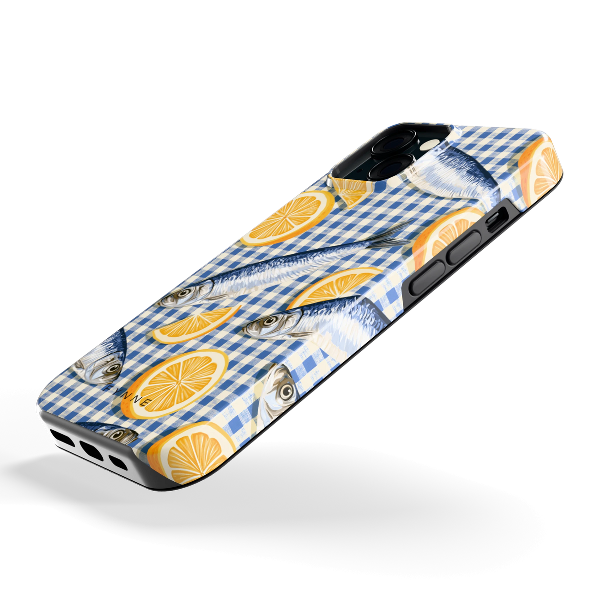 Sardines en Citroen hoesje voor iPhone 15, schuin
