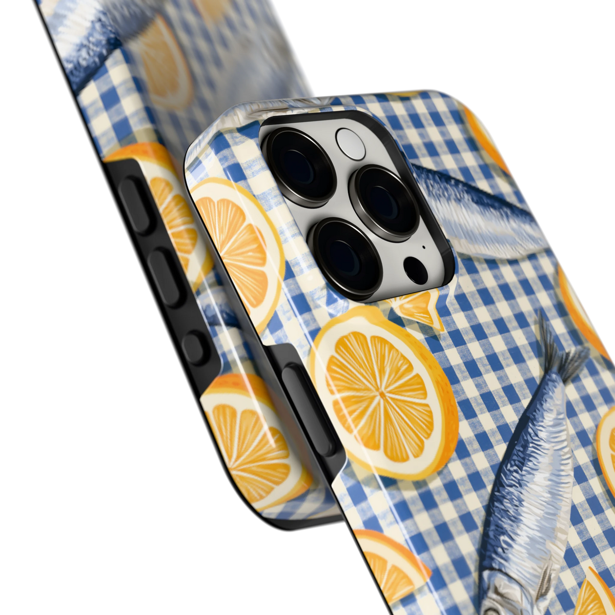Sardines en Citroen hoesje voor iPhone 15 Pro Max, close-up