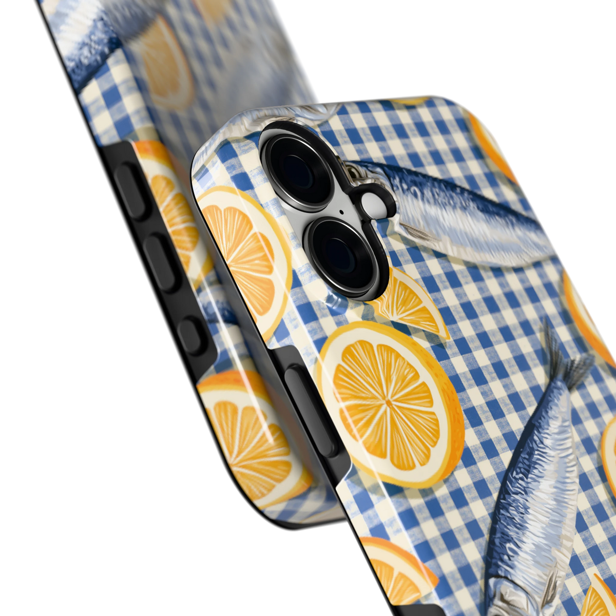Sardines en Citroen hoesje voor iPhone 16 Plus, close-up