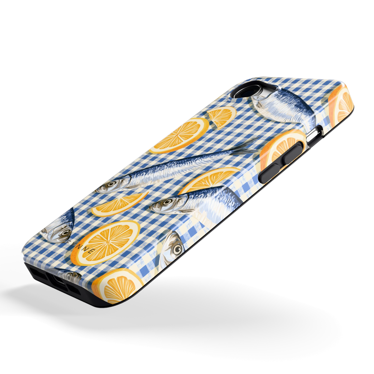 Sardines en Citroen hoesje voor iPhone 16e, schuin