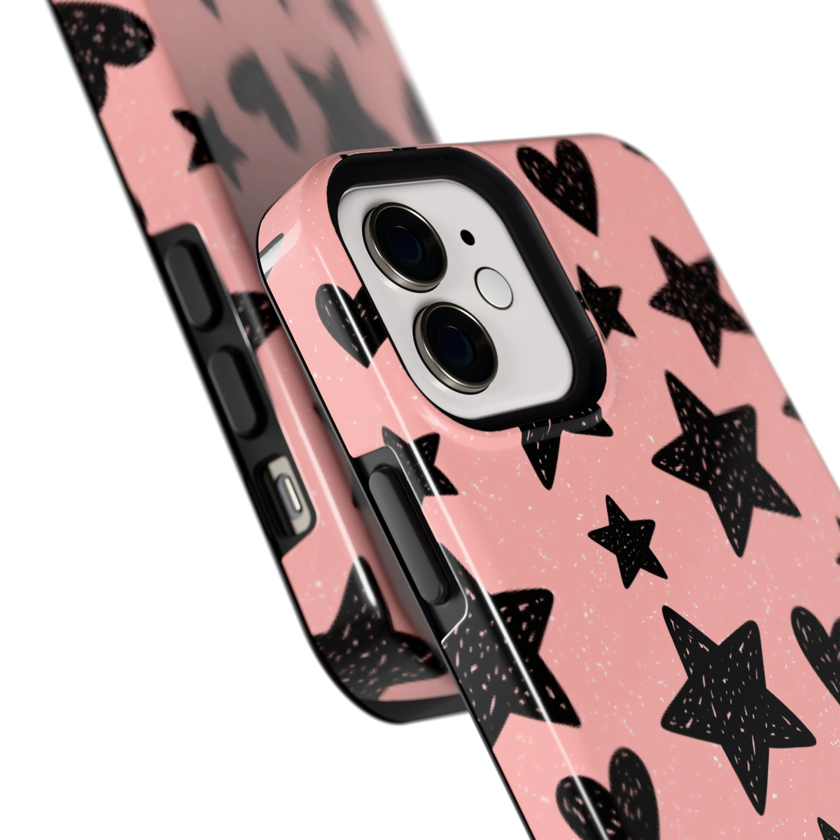 Getekende sterren en hartjes hoesje voor iPhone 12, close-up