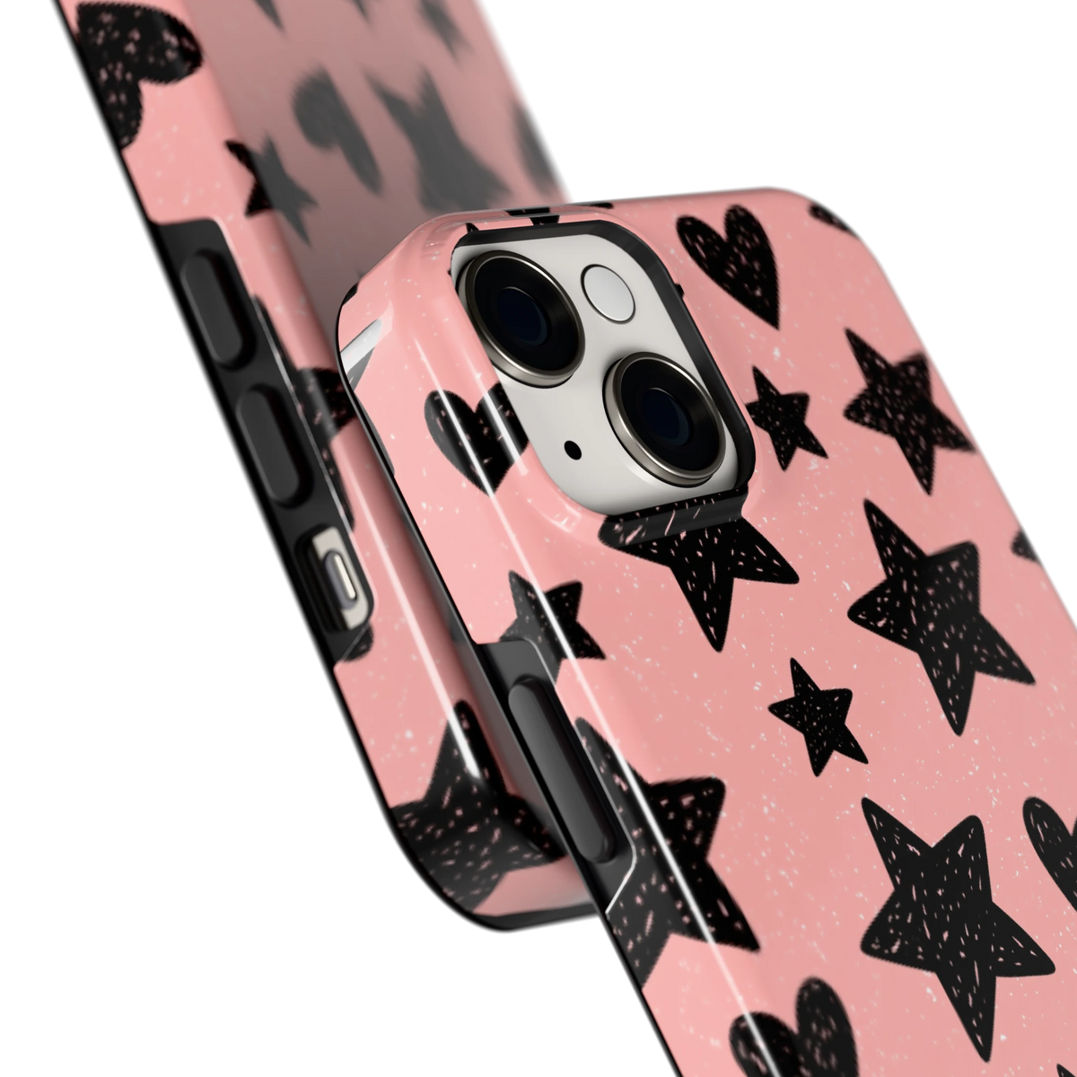 Getekende sterren en hartjes hoesje voor iPhone 14, close-up