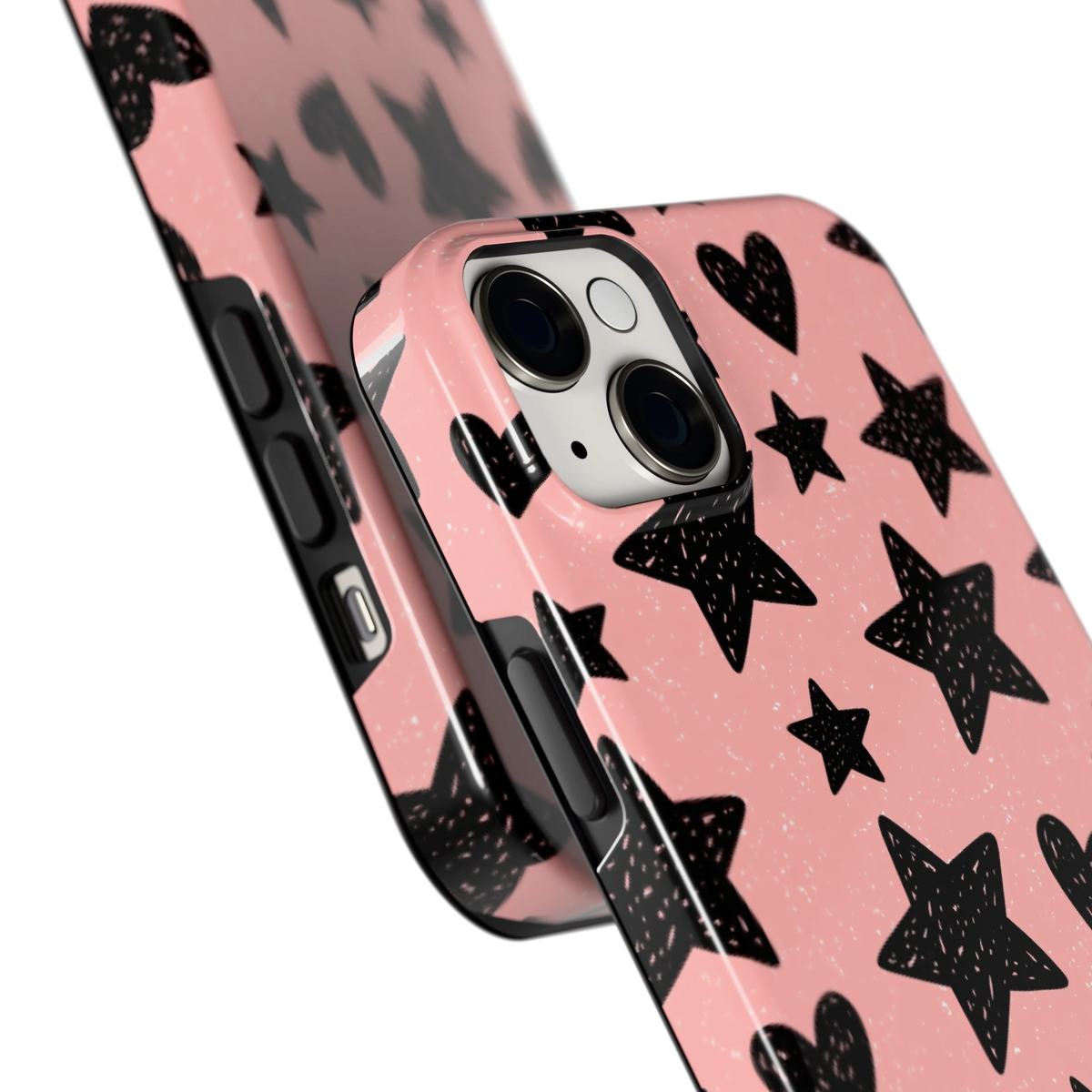 Getekende sterren en hartjes hoesje voor iPhone 14 Plus, close-up