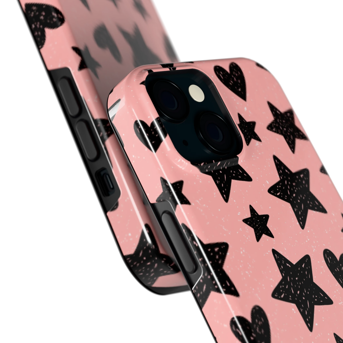 Getekende sterren en hartjes hoesje voor iPhone 15, close-up