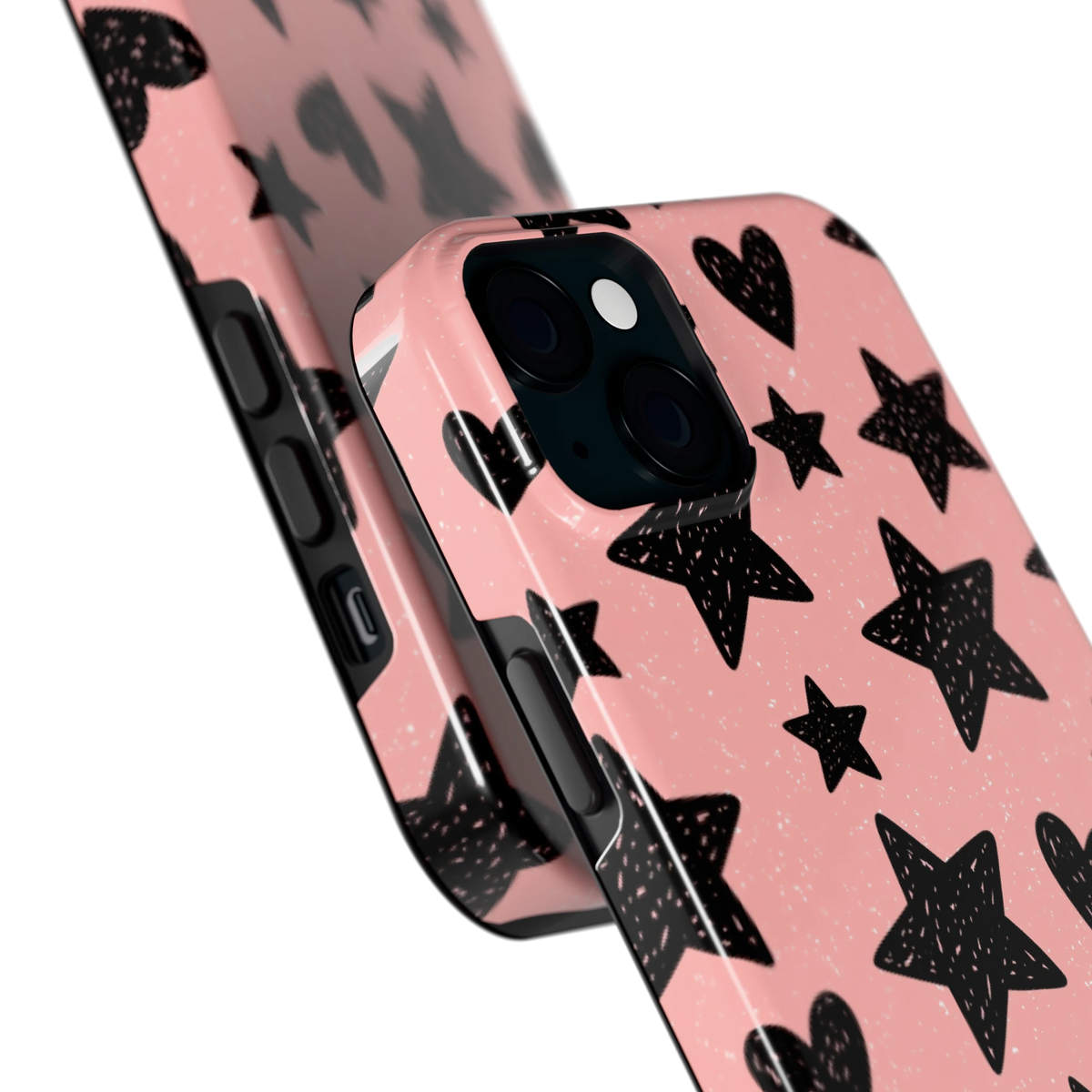 Getekende sterren en hartjes hoesje voor iPhone 15 Plus, close-up