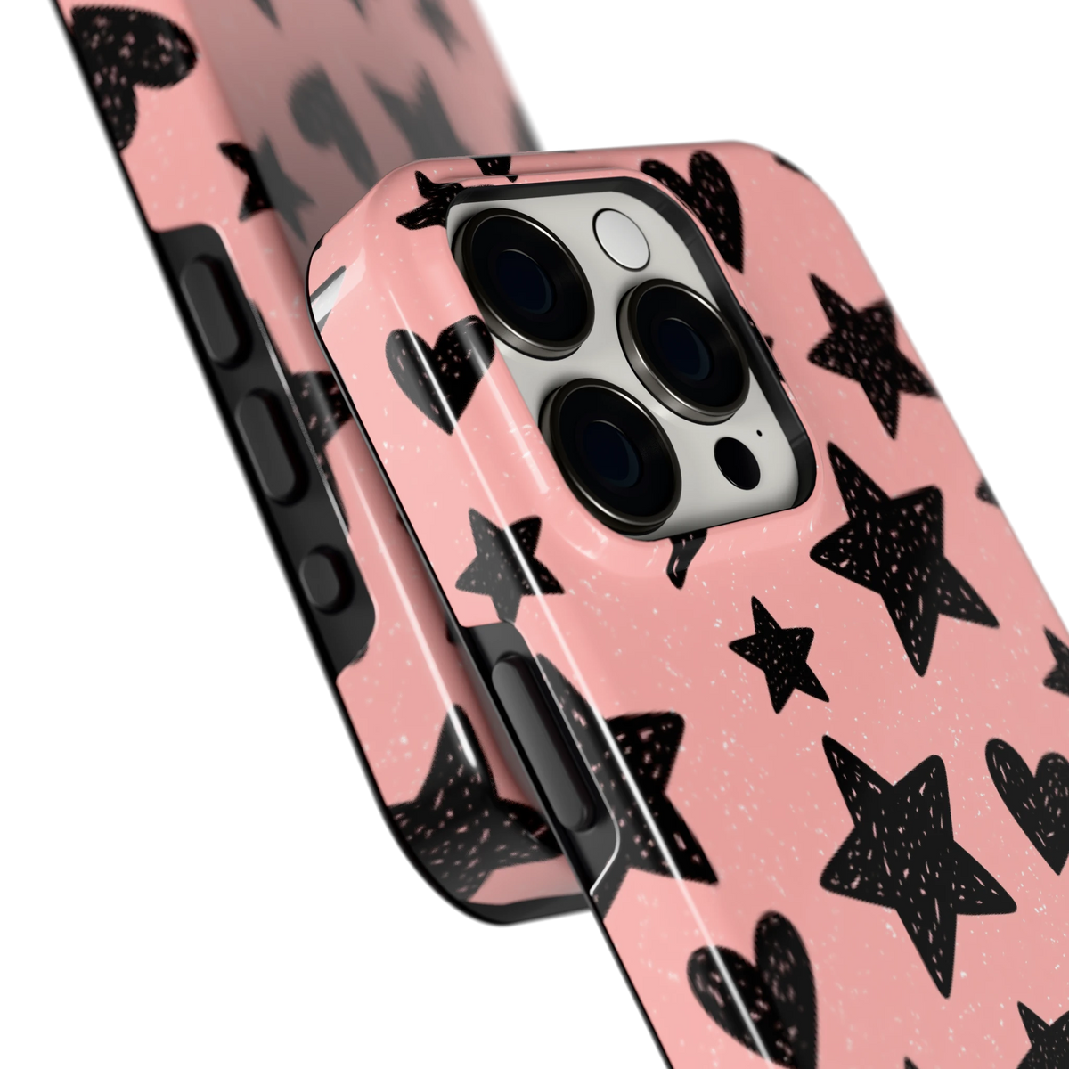 Getekende sterren en hartjes hoesje voor iPhone 15 Pro, close-up