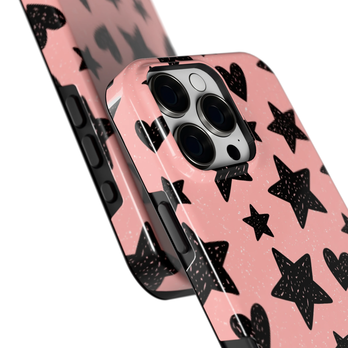 Getekende sterren en hartjes hoesje voor iPhone 16 Pro Max, close-up