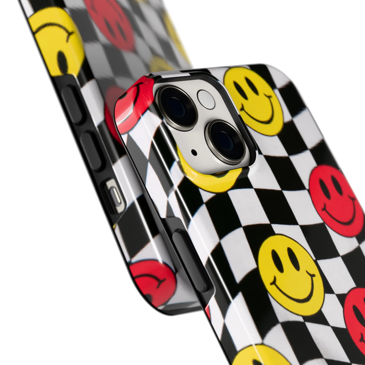 Smiley Geruit hoesje voor iPhone 14, close-up