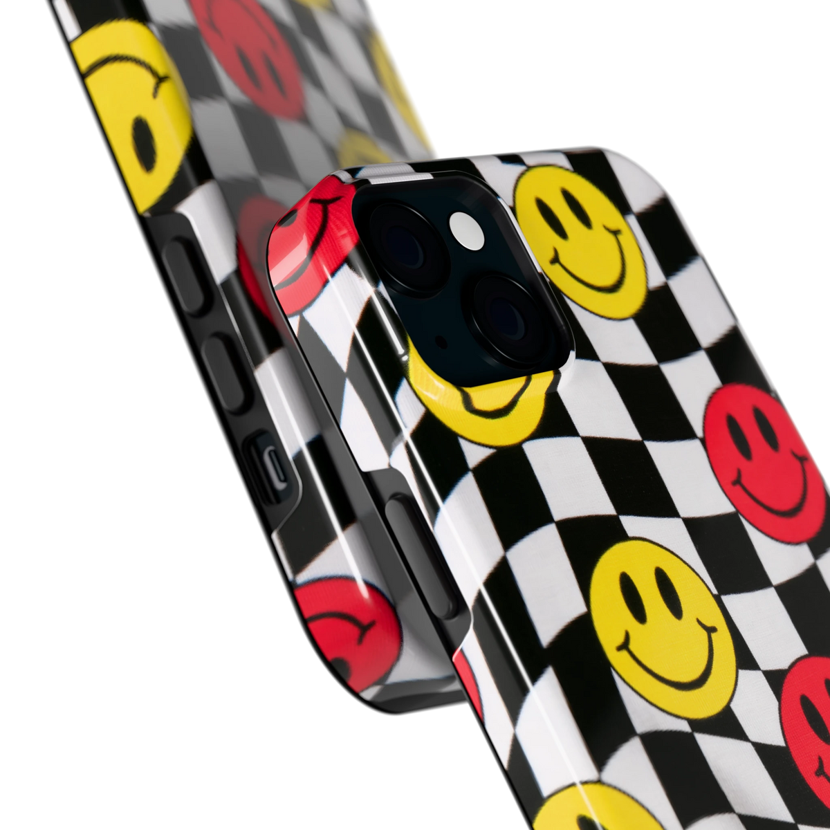 Smiley Geruit hoesje voor iPhone 15 Plus, close-up