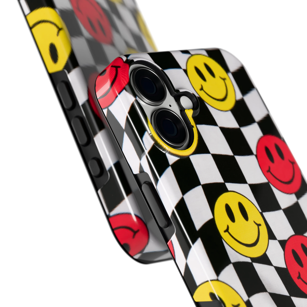 Smiley Geruit hoesje voor iPhone 16 Plus, close-up
