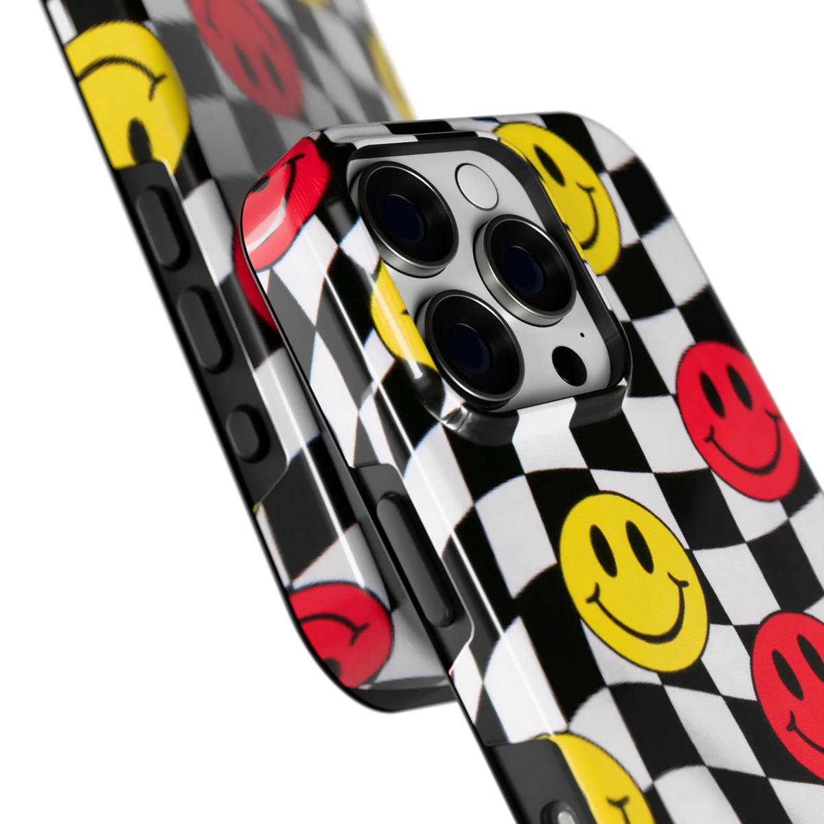 Smiley Geruit hoesje voor iPhone 16 Pro, close-up