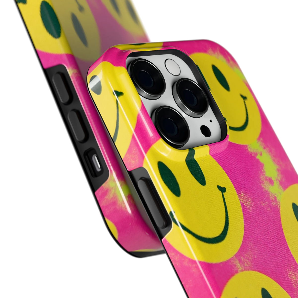 Smiley Tie-Dye hoesje voor iPhone 14 Pro, close-up