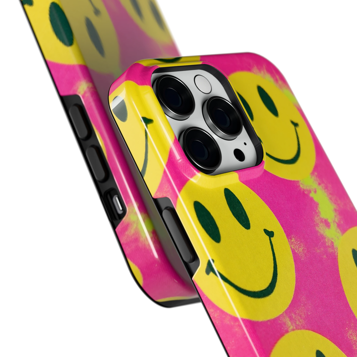 Smiley Tie-Dye hoesje voor iPhone 14 Pro Max, close-up