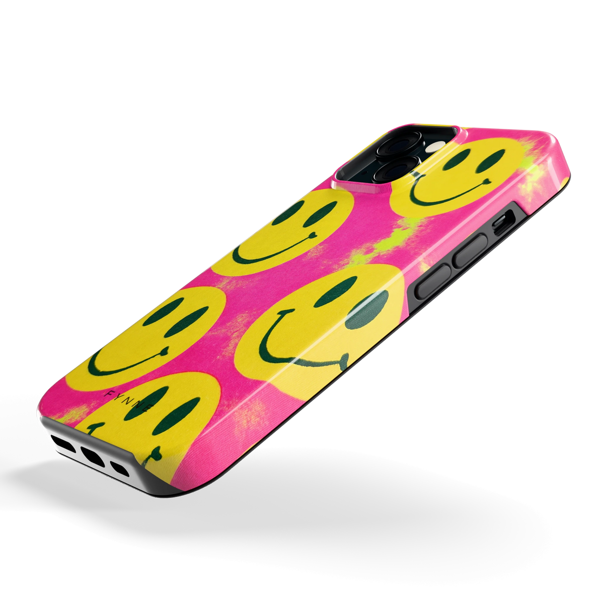 Smiley Tie-Dye hoesje voor iPhone 15, schuin