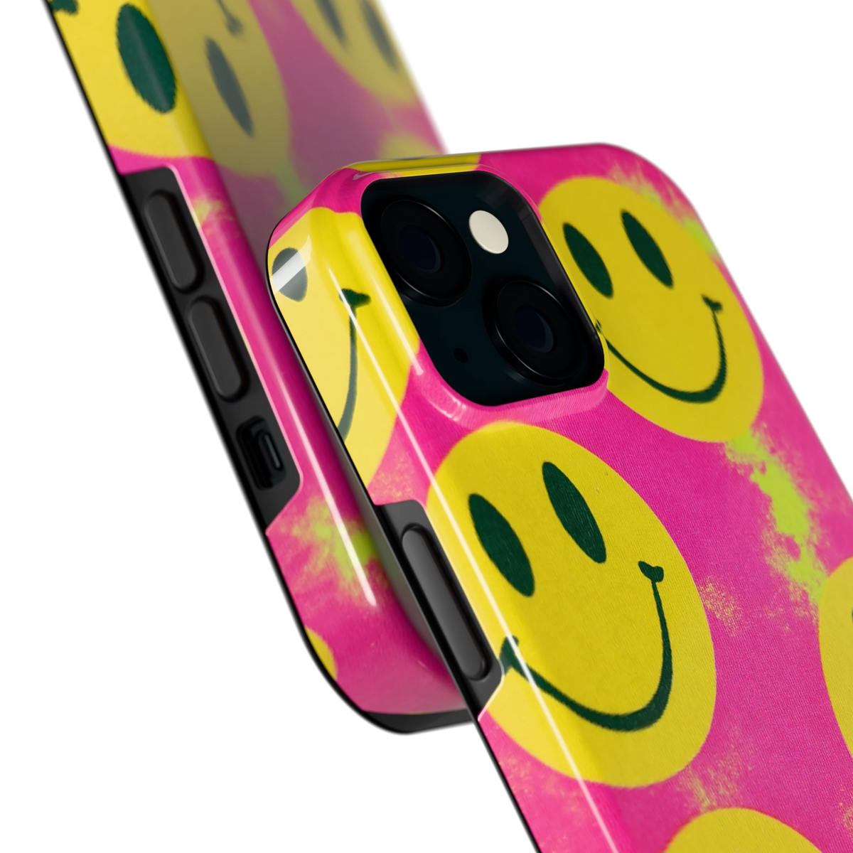 Smiley Tie-Dye hoesje voor iPhone 15, close-up