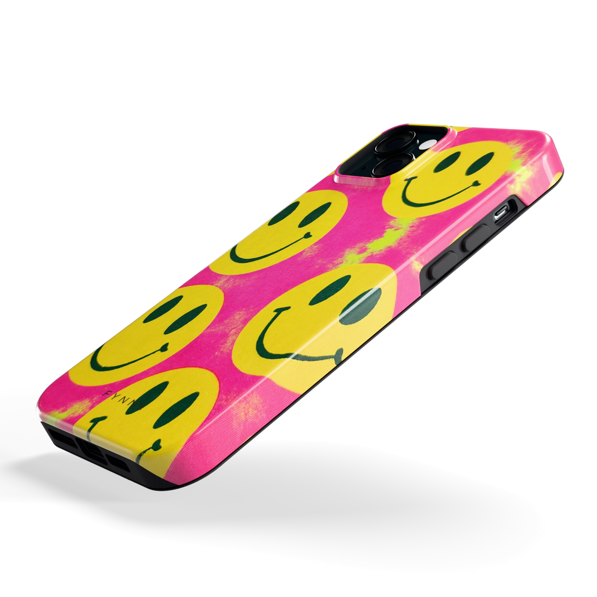Smiley Tie-Dye hoesje voor iPhone 15 Plus, schuin