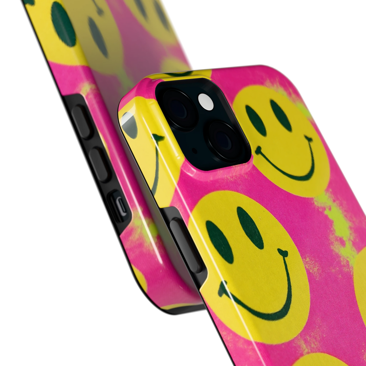 Smiley Tie-Dye hoesje voor iPhone 15 Plus, close-up
