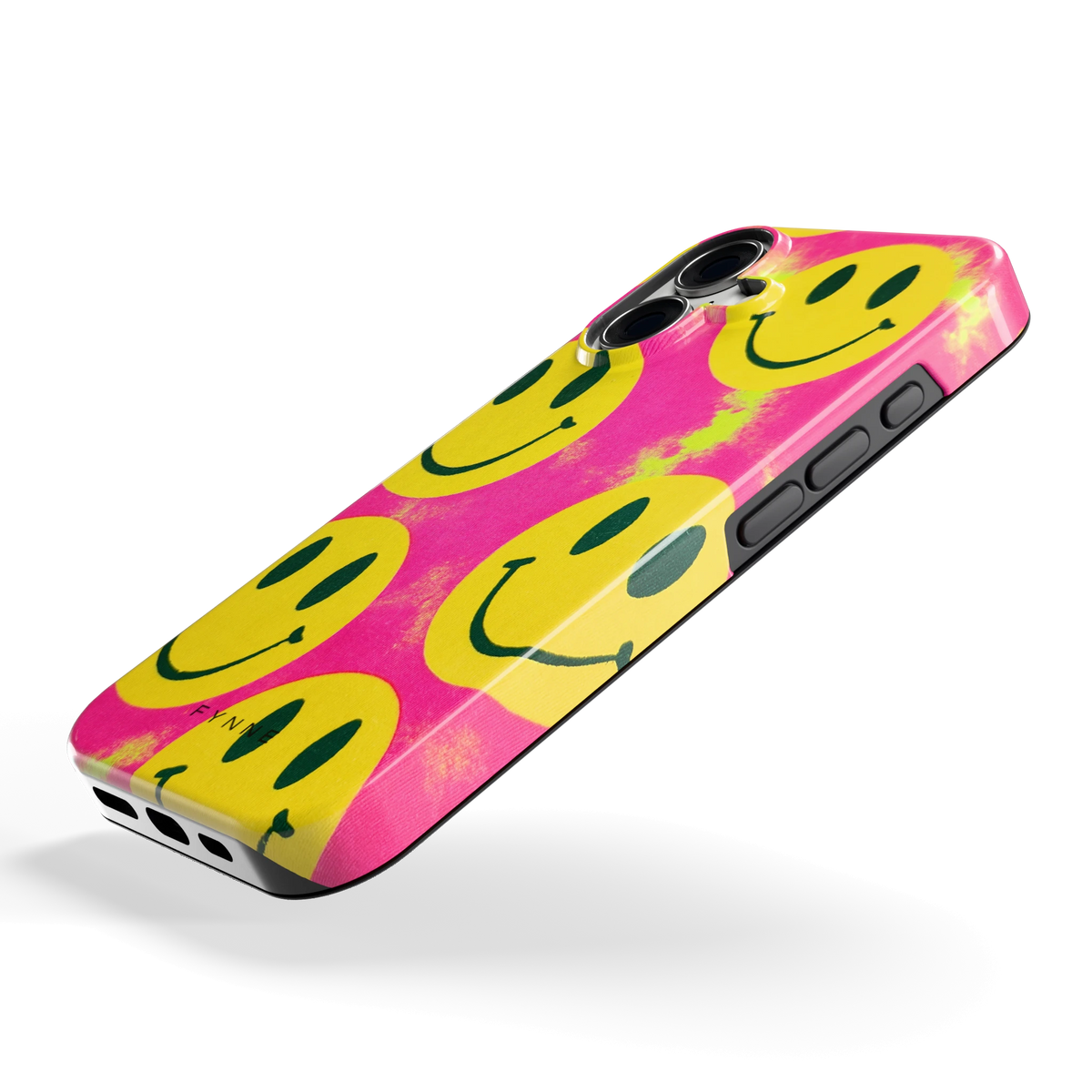 Smiley Tie-Dye hoesje voor iPhone 16, schuin