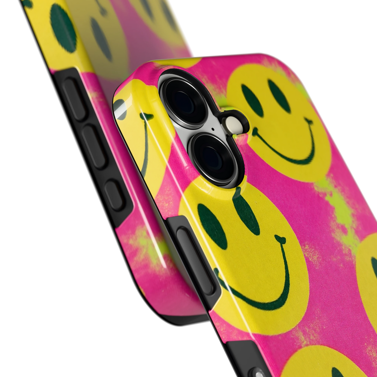 Smiley Tie-Dye hoesje voor iPhone 16, close-up