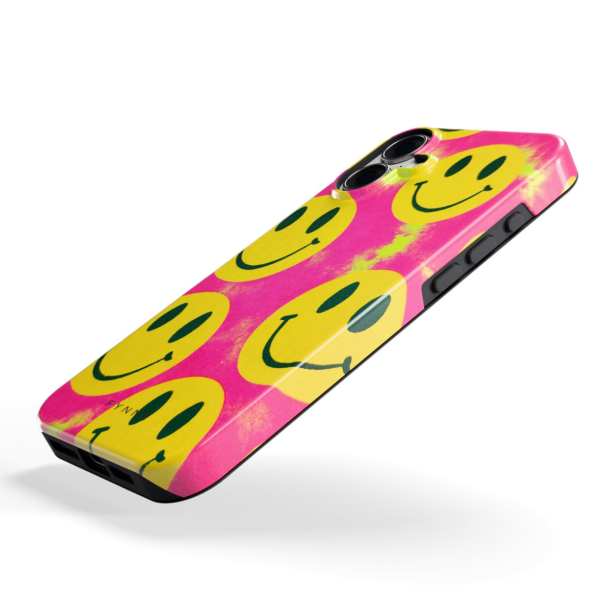 Smiley Tie-Dye hoesje voor iPhone 16 Plus, schuin