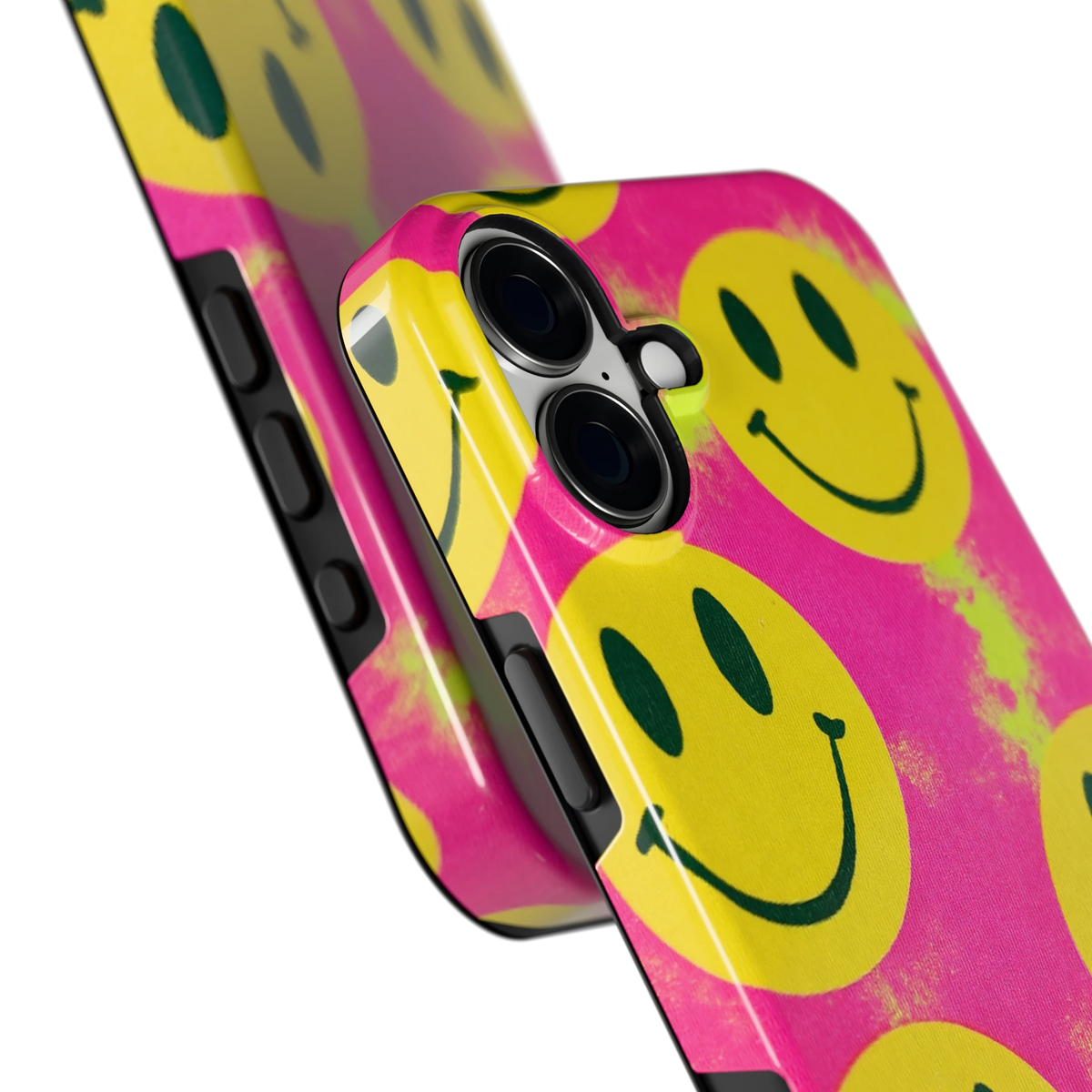 Smiley Tie-Dye hoesje voor iPhone 16 Plus, close-up