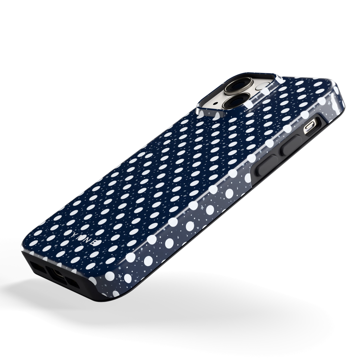 Sneeuwnacht Stippen hoesje voor iPhone 13 mini, schuin
