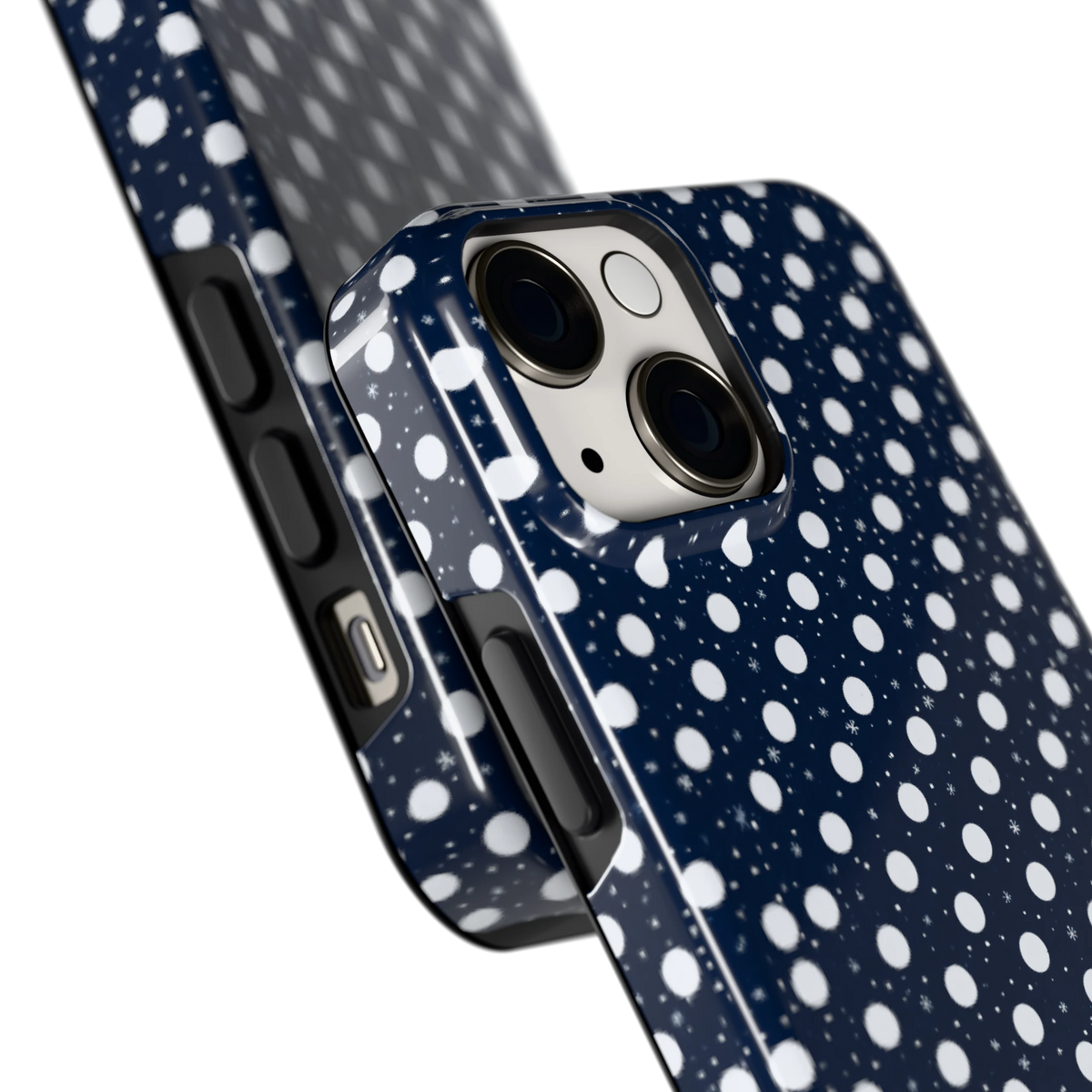 Sneeuwnacht Stippen hoesje voor iPhone 13 mini, close-up