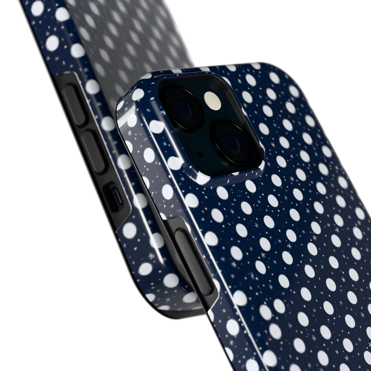 Sneeuwnacht Stippen hoesje voor iPhone 15, close-up