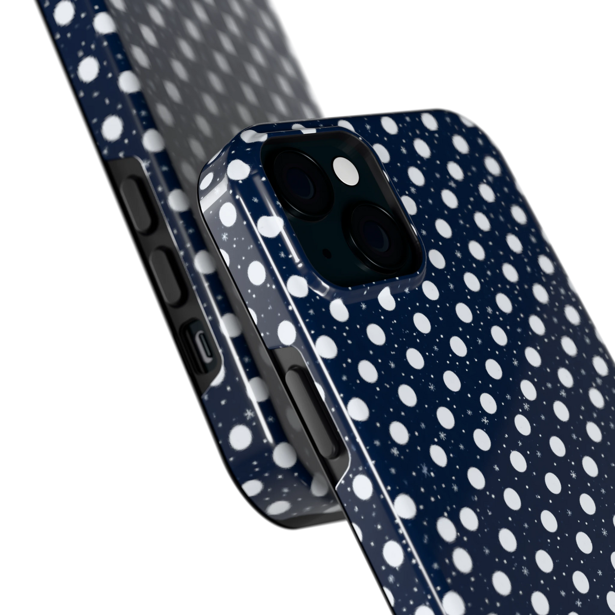 Sneeuwnacht Stippen hoesje voor iPhone 15 Plus, close-up