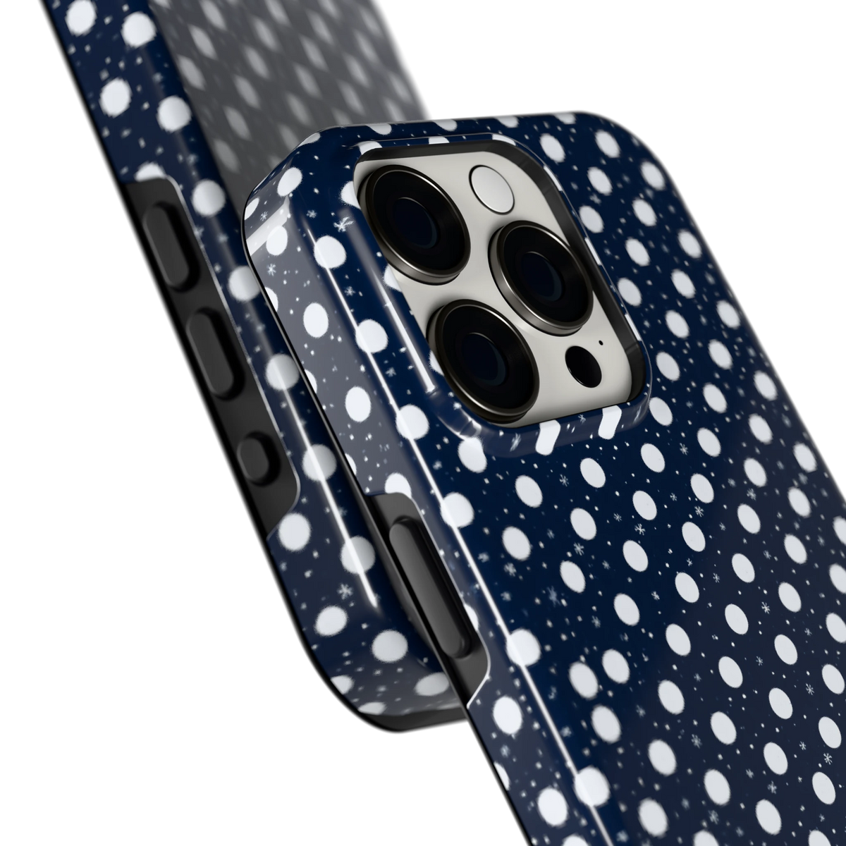 Sneeuwnacht Stippen hoesje voor iPhone 15 Pro, close-up